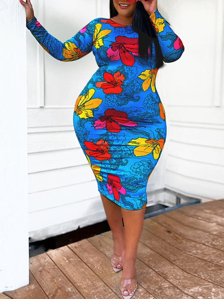 

lovely Trendy O Neck Print Blue Knee Length Plus Size Dress