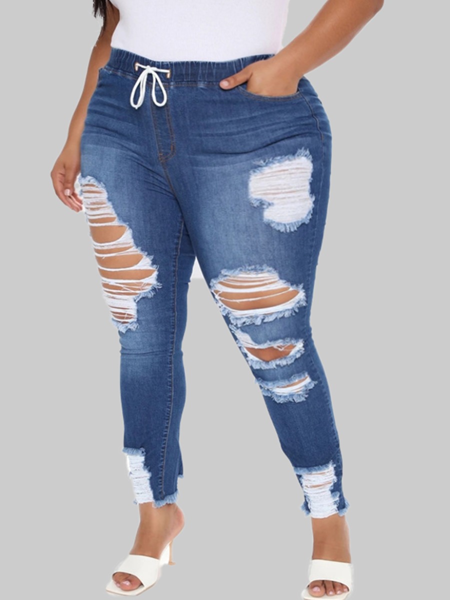 

lovely Trendy Broken Holes Blue Plus Size Jeans