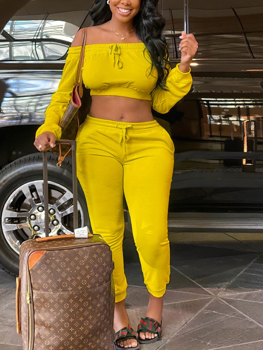 

lovely Trendy Dew Shoulder Drawstring Yellow Plus Size Two-piece Pants Set