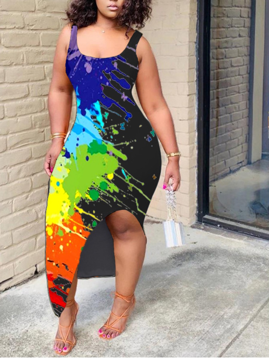 

lovely Street U Neck Graffiti Print Black Ankle Length Dress