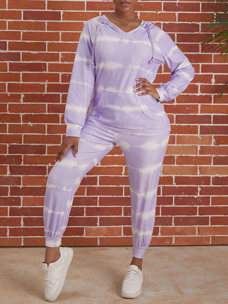 

lovely Sportswear Hooded Collar Tie Dye Light Purple Two Piece Pants Set