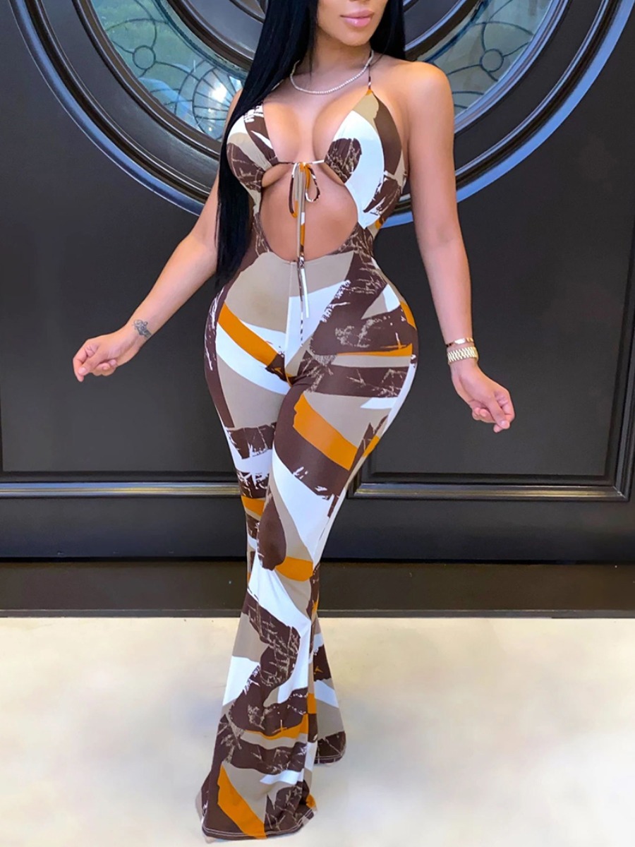 

lovely Stylish Backless Print Coffee One-piece Jumpsui