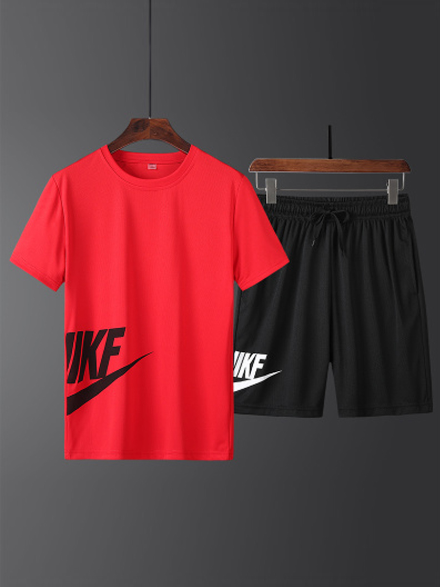 

Men Lovely Sportswear O Neck Letter Print Red Men Two-piece Shorts Set