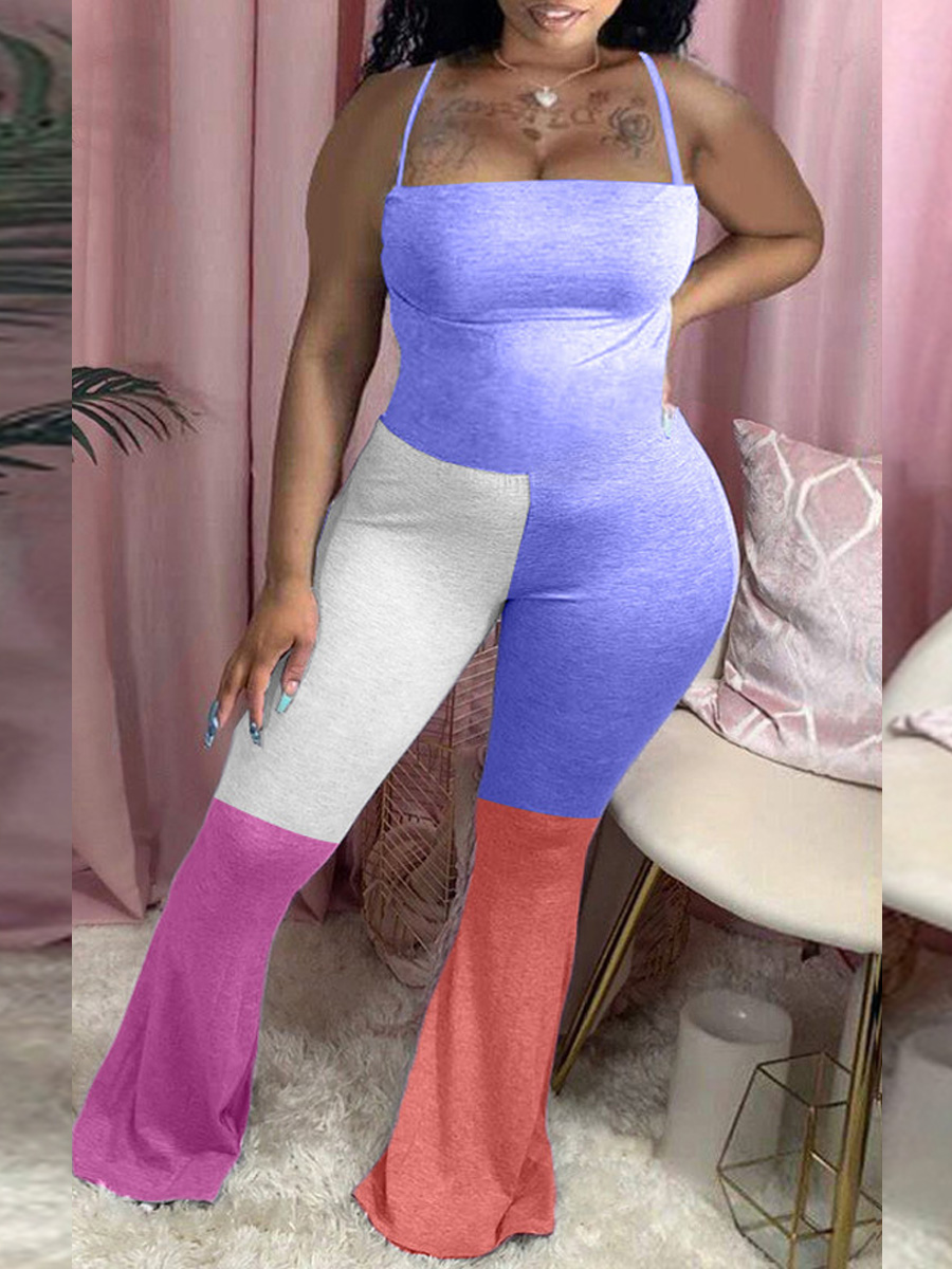

lovely Leisure Spaghetti Strap Color-lump Patchwork Blue One-piece Jumpsuit