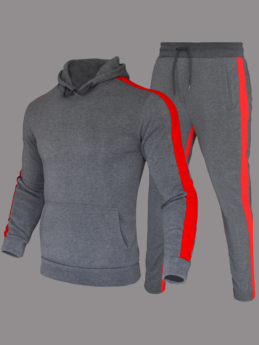 

lovely Street Hooded Collar Patchwork Grey Men Two-piece Pants Set