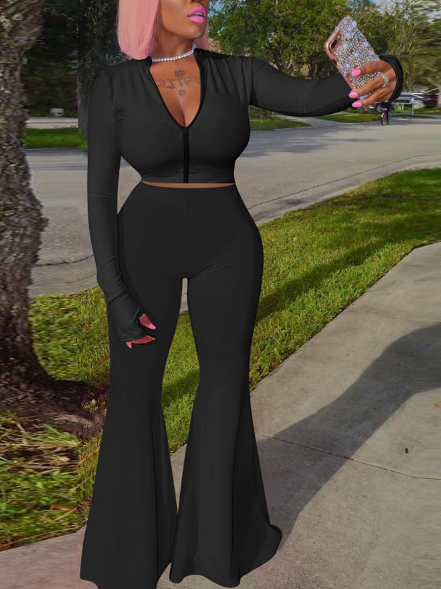 

lovely Trendy Zipper Design Flared Black Two Piece Pants Set
