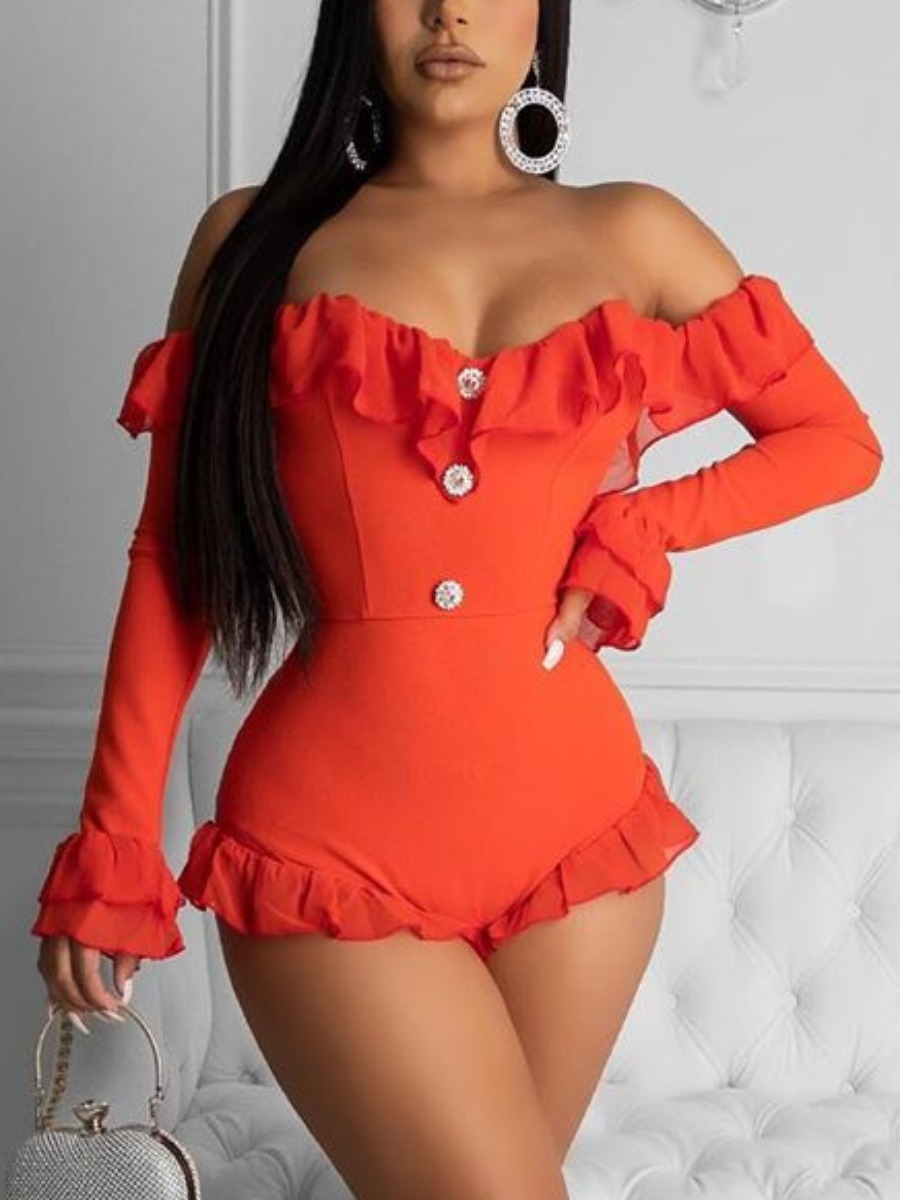 

lovely Stylish Dew Shoulder Flounce Design Orange One-piece Romper