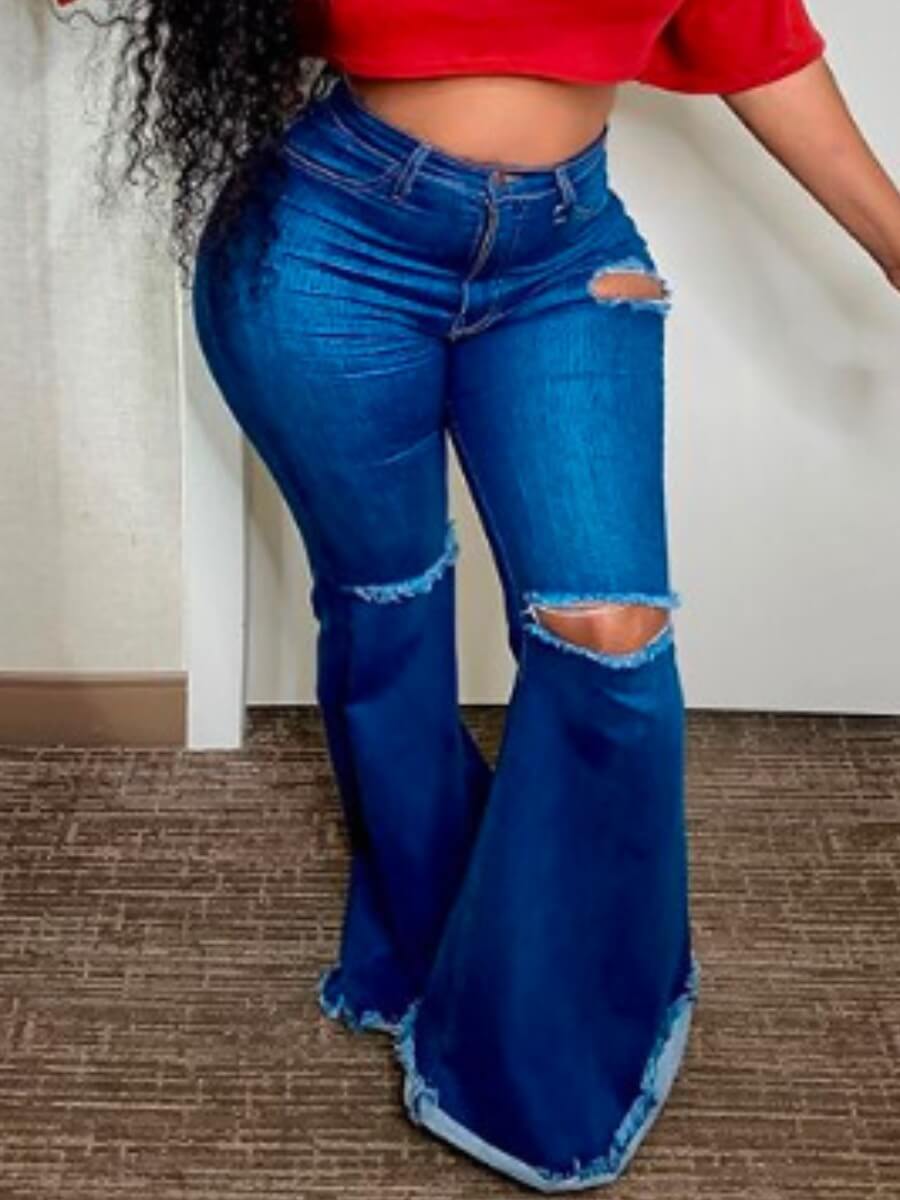 

Lovely Trendy Broken Holes Flared Deep Blue Jeans