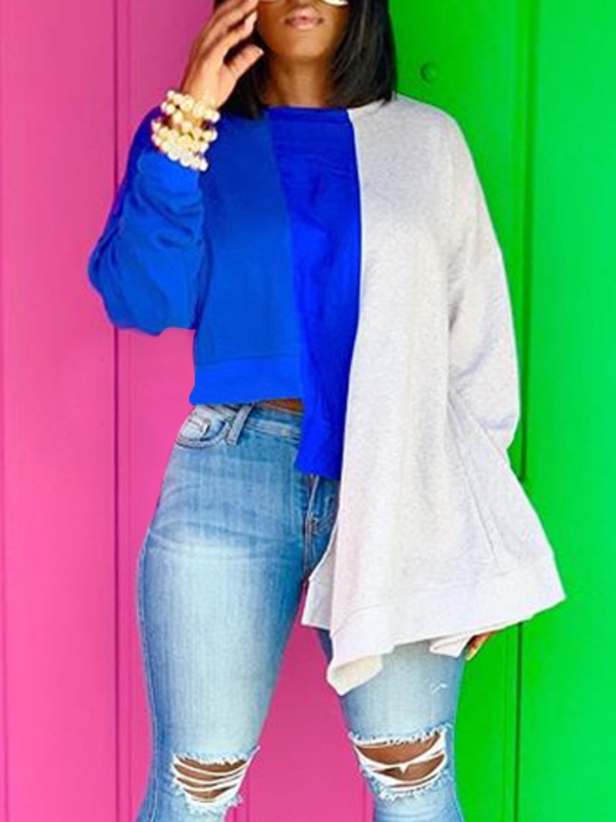 

lovely Street O Neck Patchwork Royalblue Hoodie
