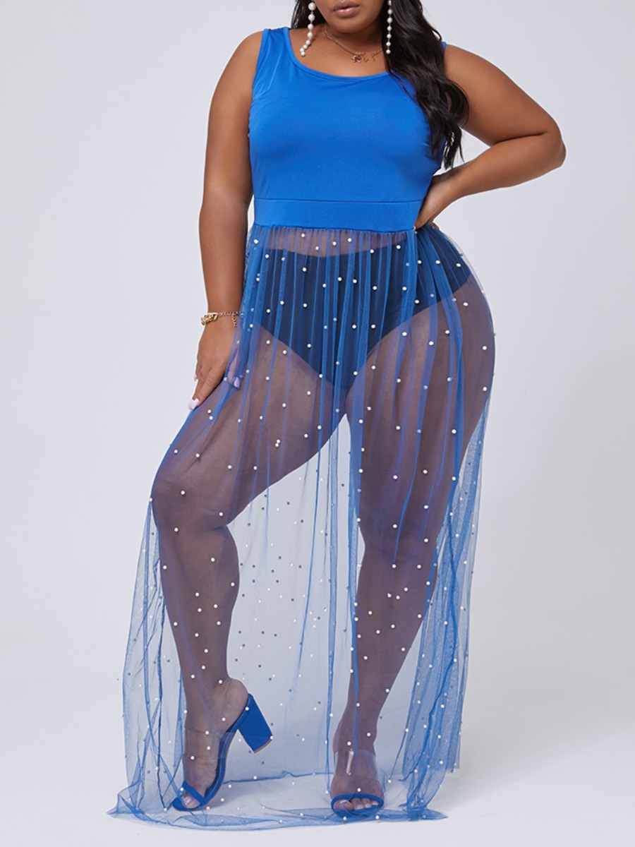 

lovely Trendy See-through Patchwork Blue Maxi Plus Size Dress