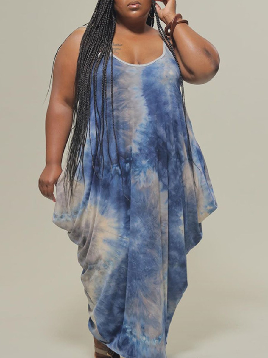 

lovely Trendy Spaghetti Strap Tie-dye Asymmetrical Blue Maxi Plus Size Dress