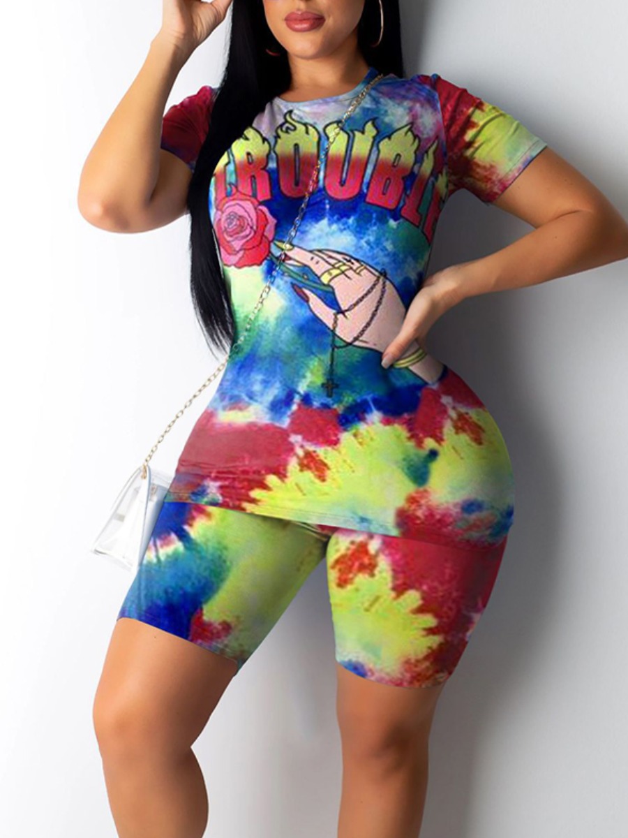 

lovely Casual O Neck Print Green Plus Size Two-piece Shorts Set