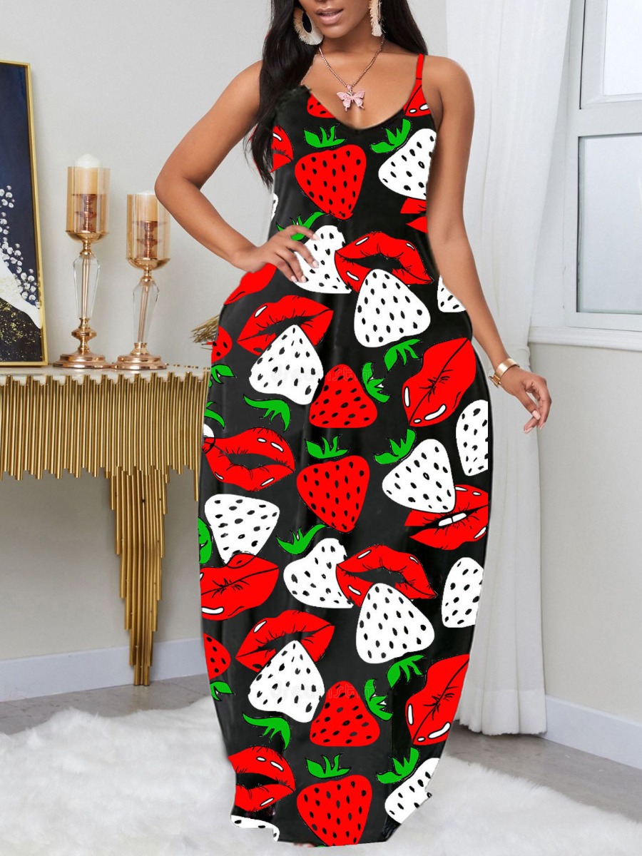 

Lovely Trendy Spaghetti Strap Print Black Maxi Dress