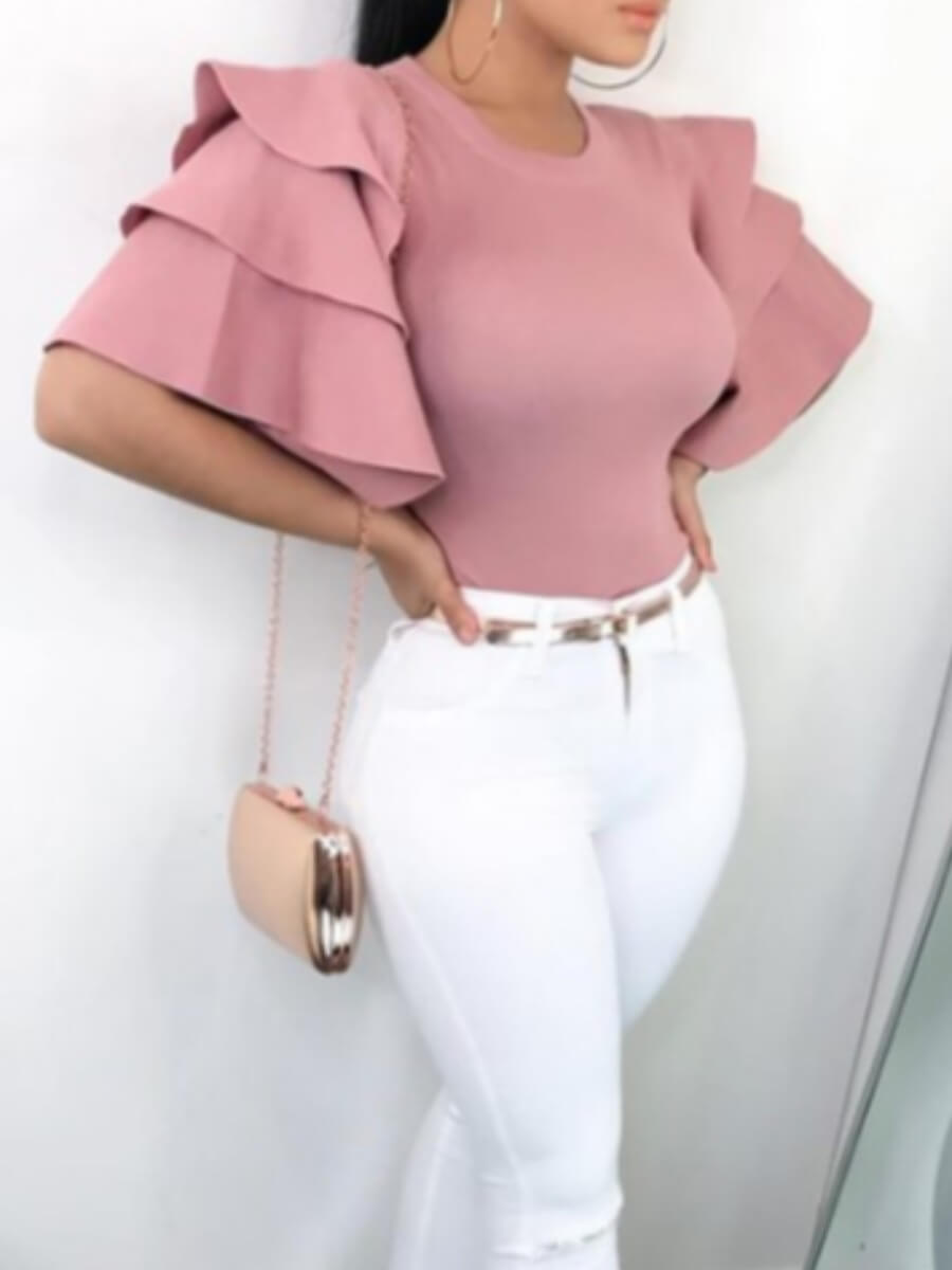LovelyWholesale Sweet O Neck Flounce Design Pink Blouse Summer Half Sleeve Sweet Basic Round Neck Spring Summer 2024
