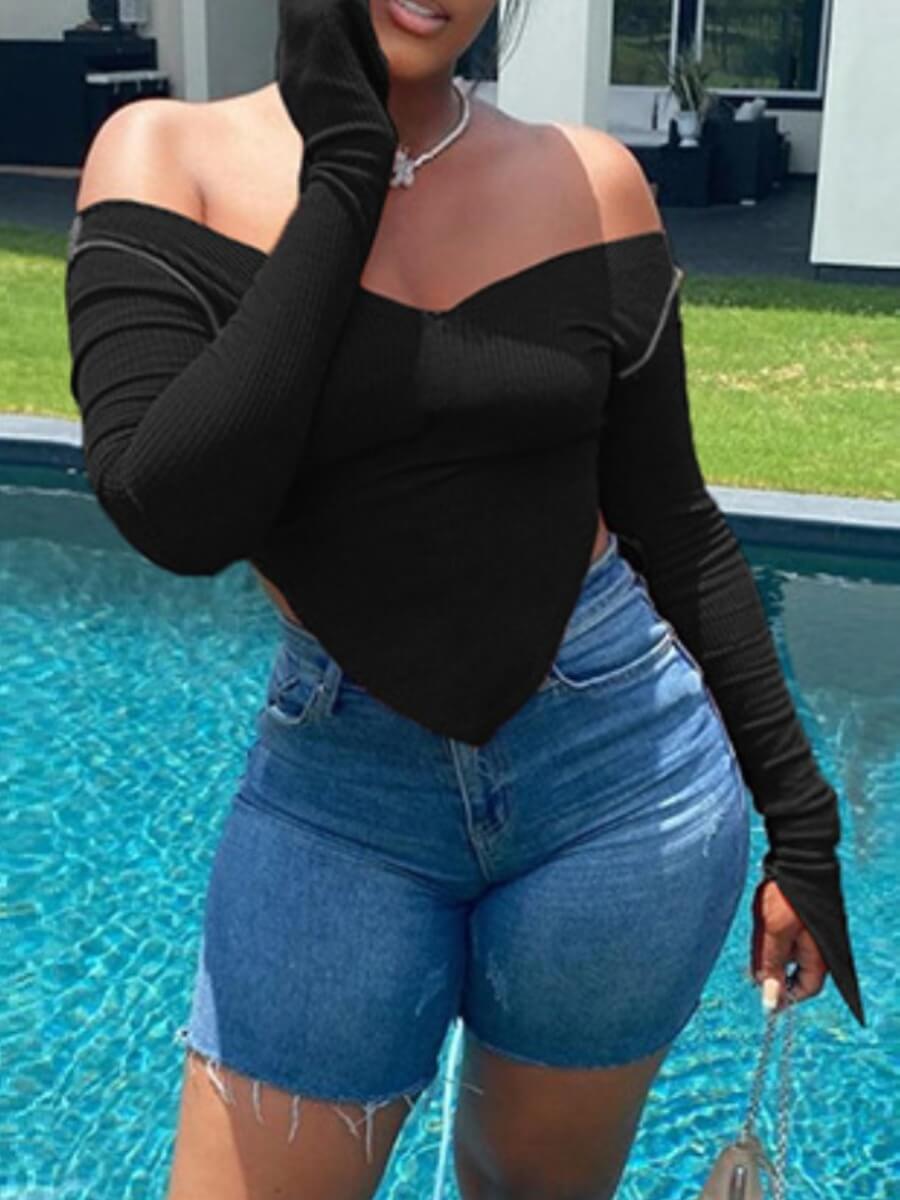 

LW Sexy Dew Shoulder Asymmetrical Black T-shirt