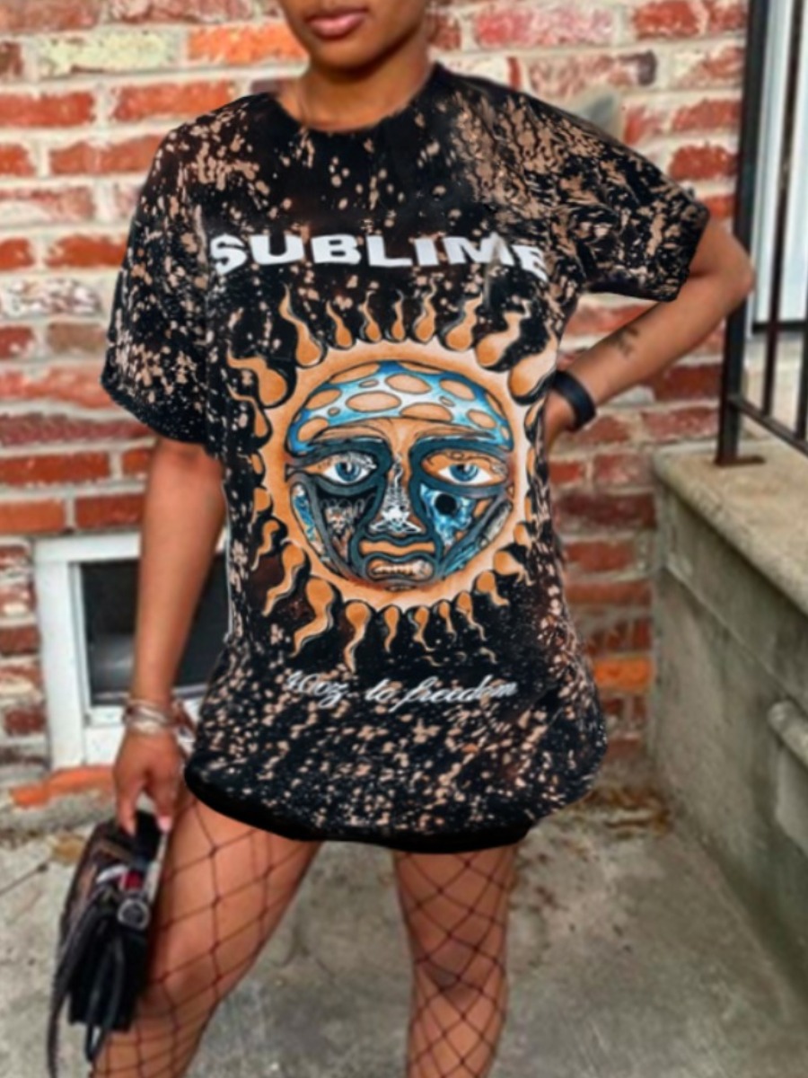

lovely Street O Neck Print Black T-shirt