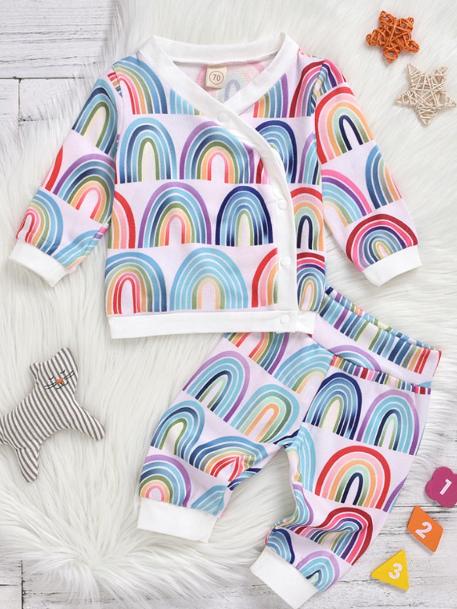 

lovely Casual O Neck Rainbow Print Multicolor Girl Two-piece Pants Set, Multi