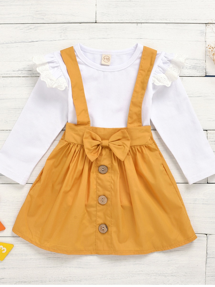 

lovely Casual O Neck Buttons Design Yellow Girl Two-piece Skirt Set