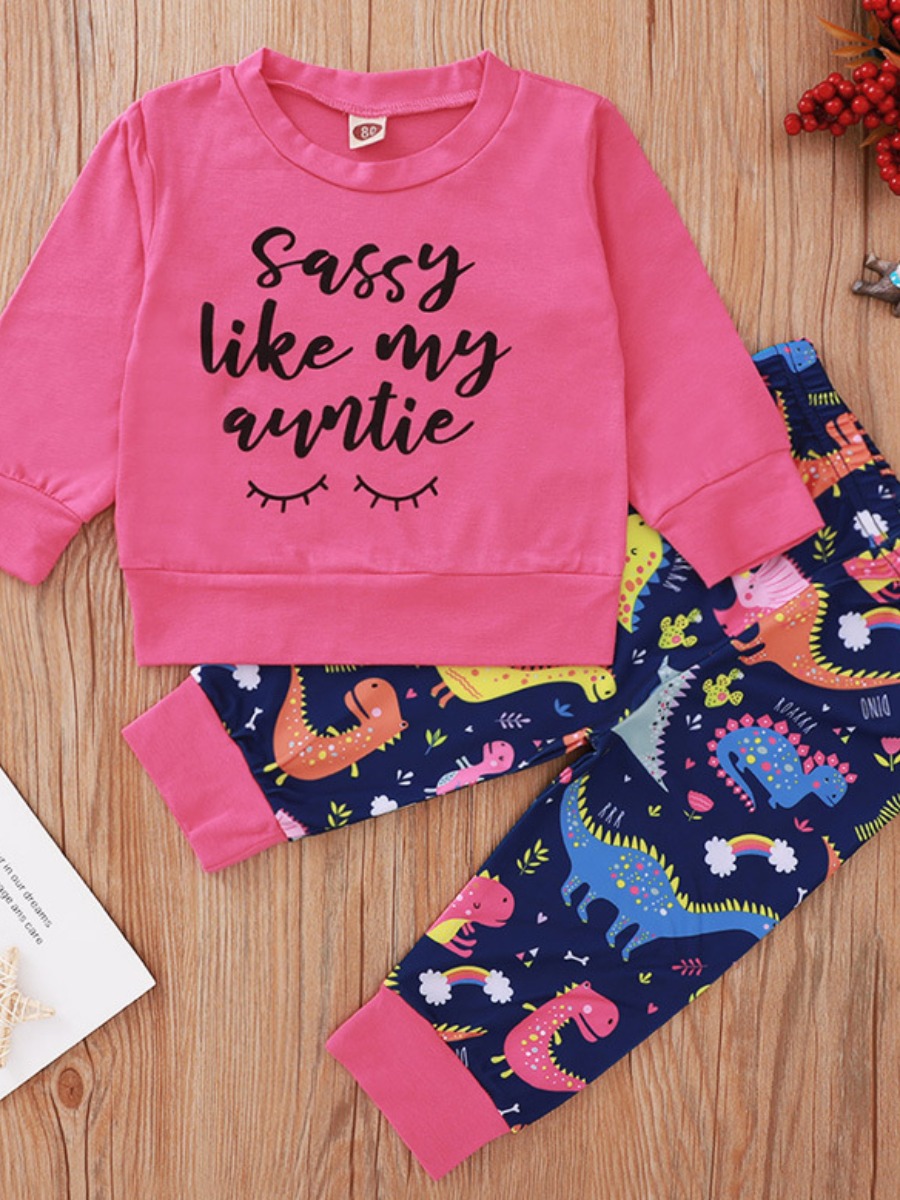 

lovely Casual O Neck Letter Print Rose Red Girl Two-piece Pants Set