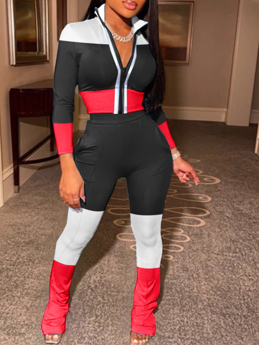 

lovely Sportswear Patchwork Zipper Design Black Two Piece Pants Set