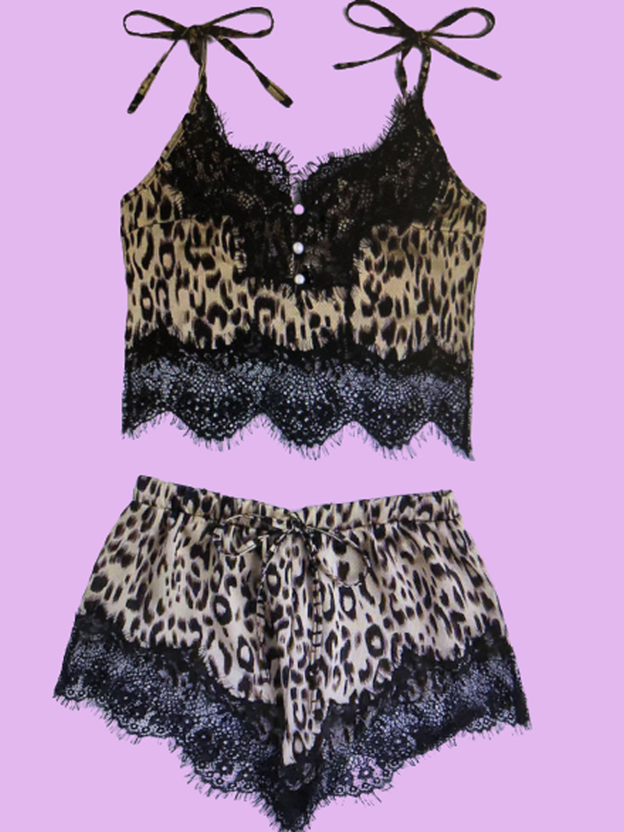 

lovely Sexy Lace Hem Leopard Print Sleepwear