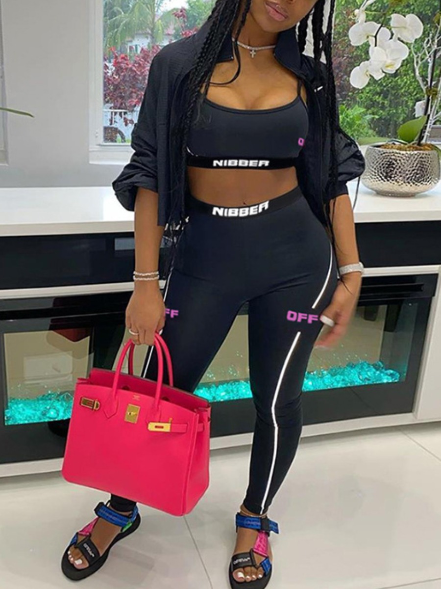 

lovely Sportswear Spaghetti Strap Letter Print Black Two Piece Pants Set