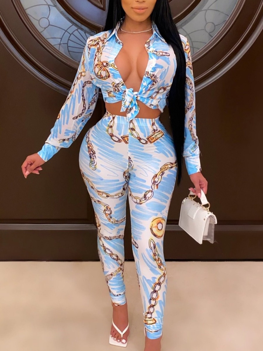 

lovely Leisure Turndown Collar Print Blue Two Piece Pants Set