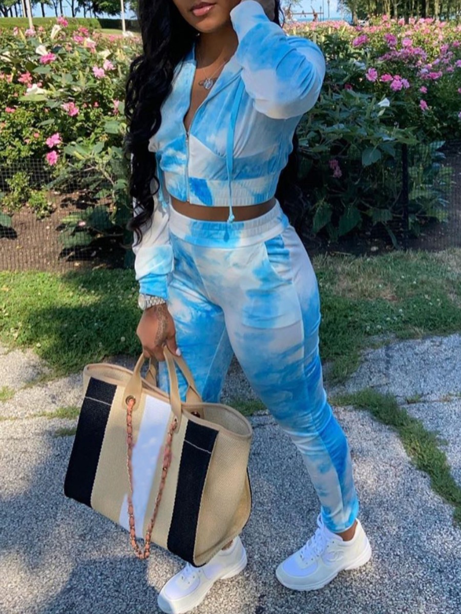 

lovely Leisure Hooded Collar Tie Dye Blue Two Piece Pants Set