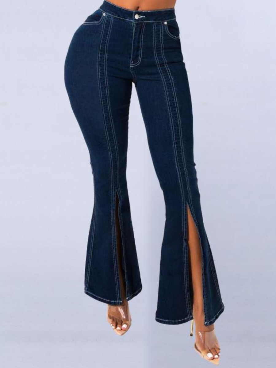 

lovely Stylish Front Slit Flared Deep Blue Jeans