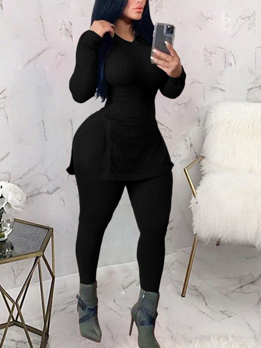 

lovely Casual Basic Skinny Black Plus Size Two-piece Pants Set