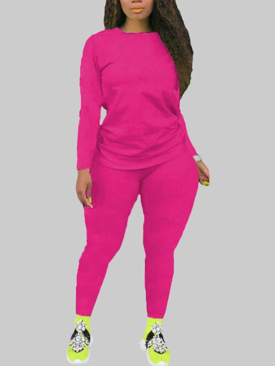 

Lovely Leisure O Neck Basic Rose Red Plus Size Two-piece Pants Set