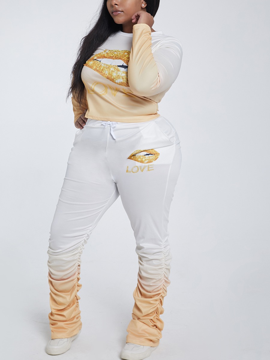 

lovely Sportswear O Neck Lip Print Fold Design Yellow Plus Size Two-piece Pants Set
