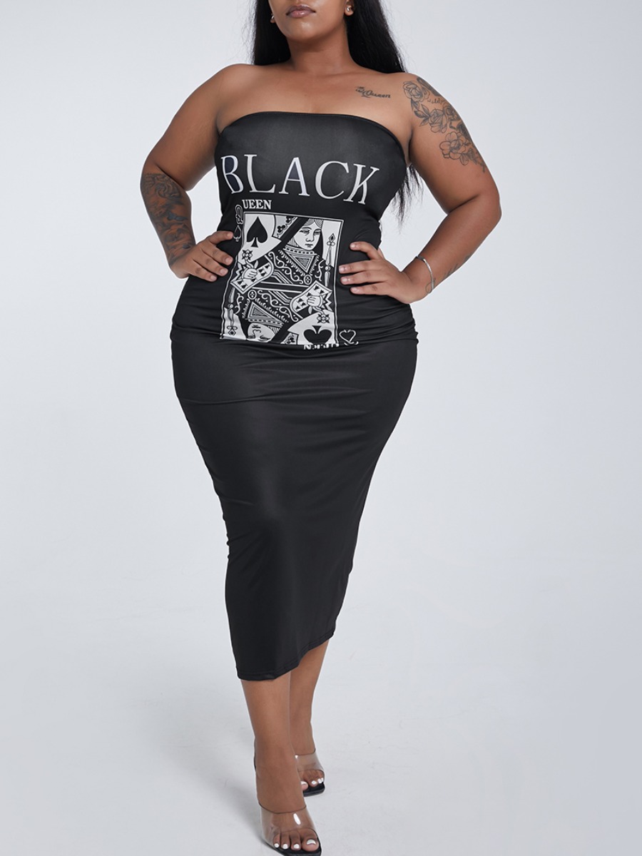 

lovely Trendy Dew Shoulder Print Black Knee Length Plus Size Dress