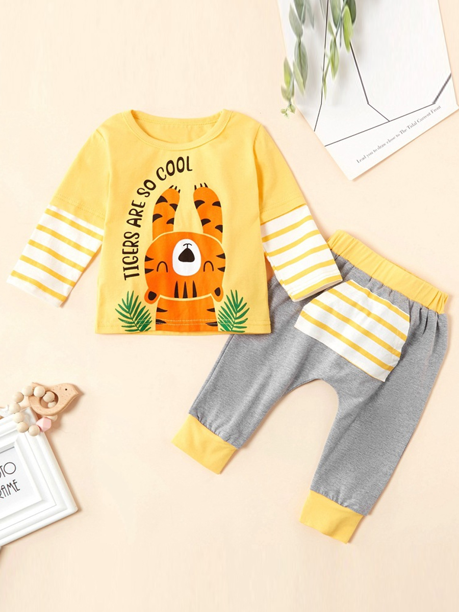 

lovely Casual O Neck Print Yellow Boy Two-piece Pants Set