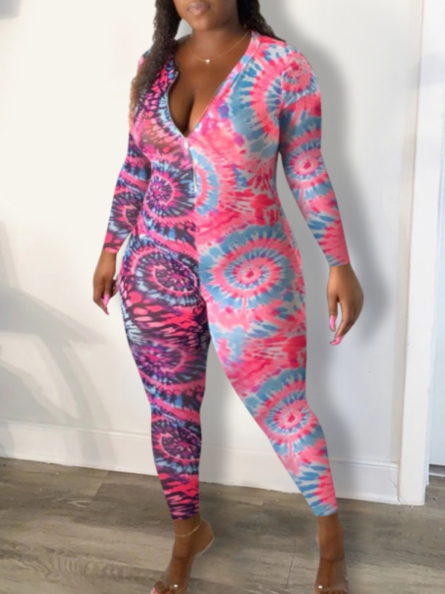 

Lovely Stylish Zipper Design Tie-dye Pink One-piece Jumpsuit(Batch Print
