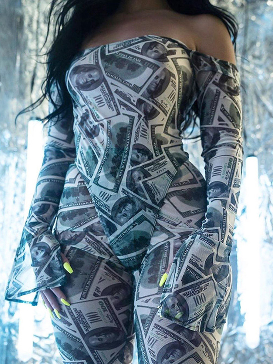 

Lovely Stylish Dew Shoulder Print Black One-piece Jumpsuit
