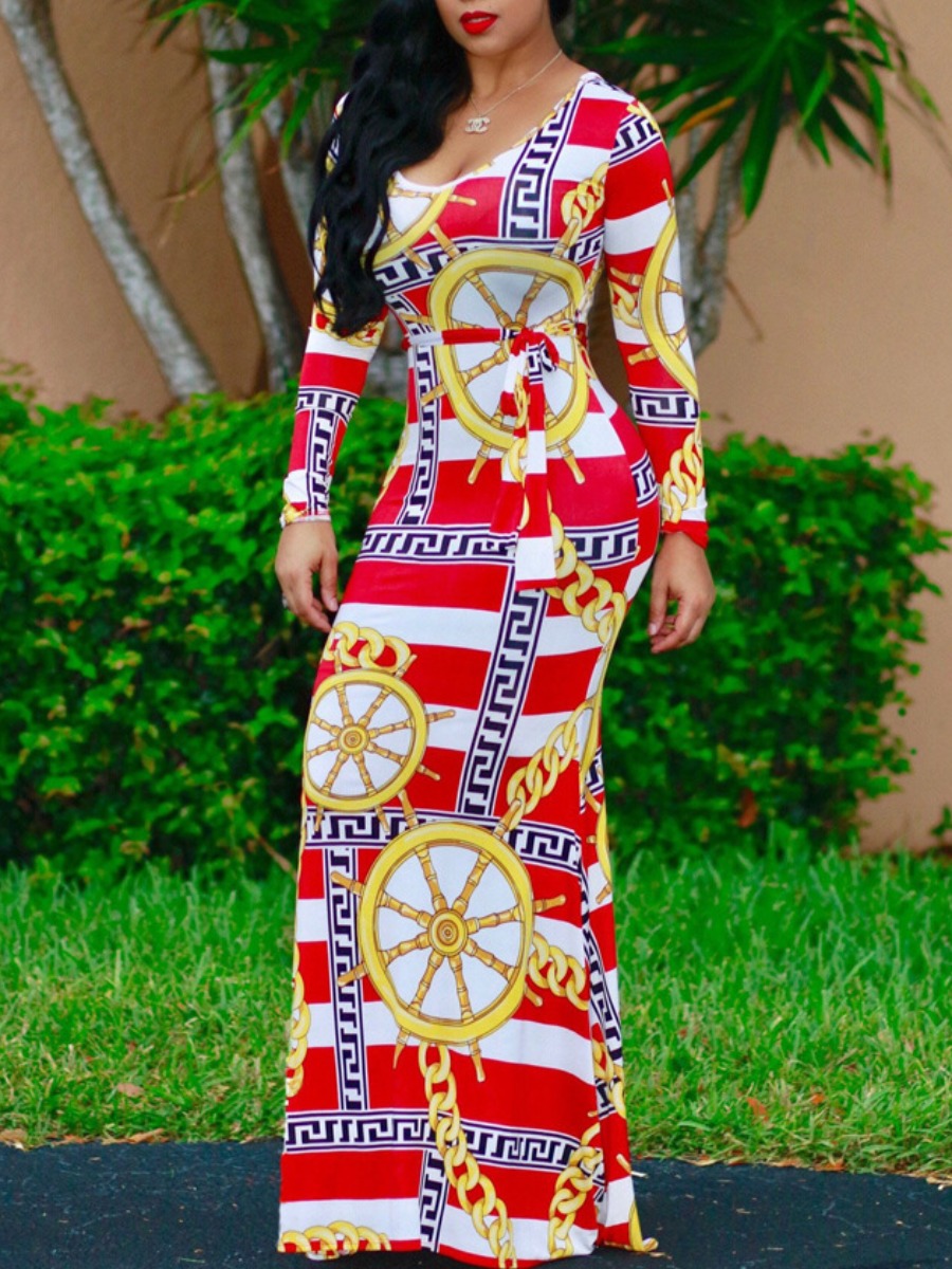 

lovely Trendy O Neck Versace Print Red Maxi Dress