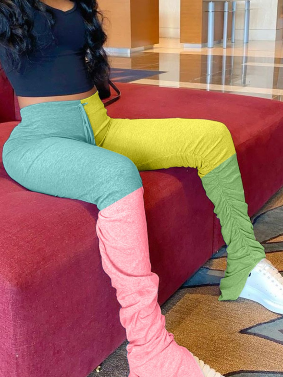 

lovely Street Color-lump Patchwork Pink Pants