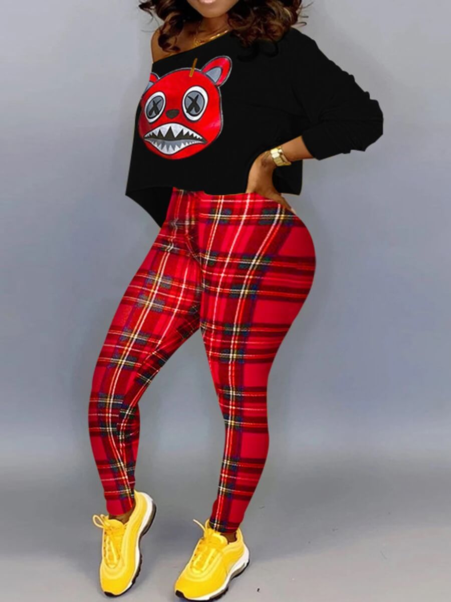 

Lovely Casual Cartoon Print Black Plus Size Two Piece Pants Set