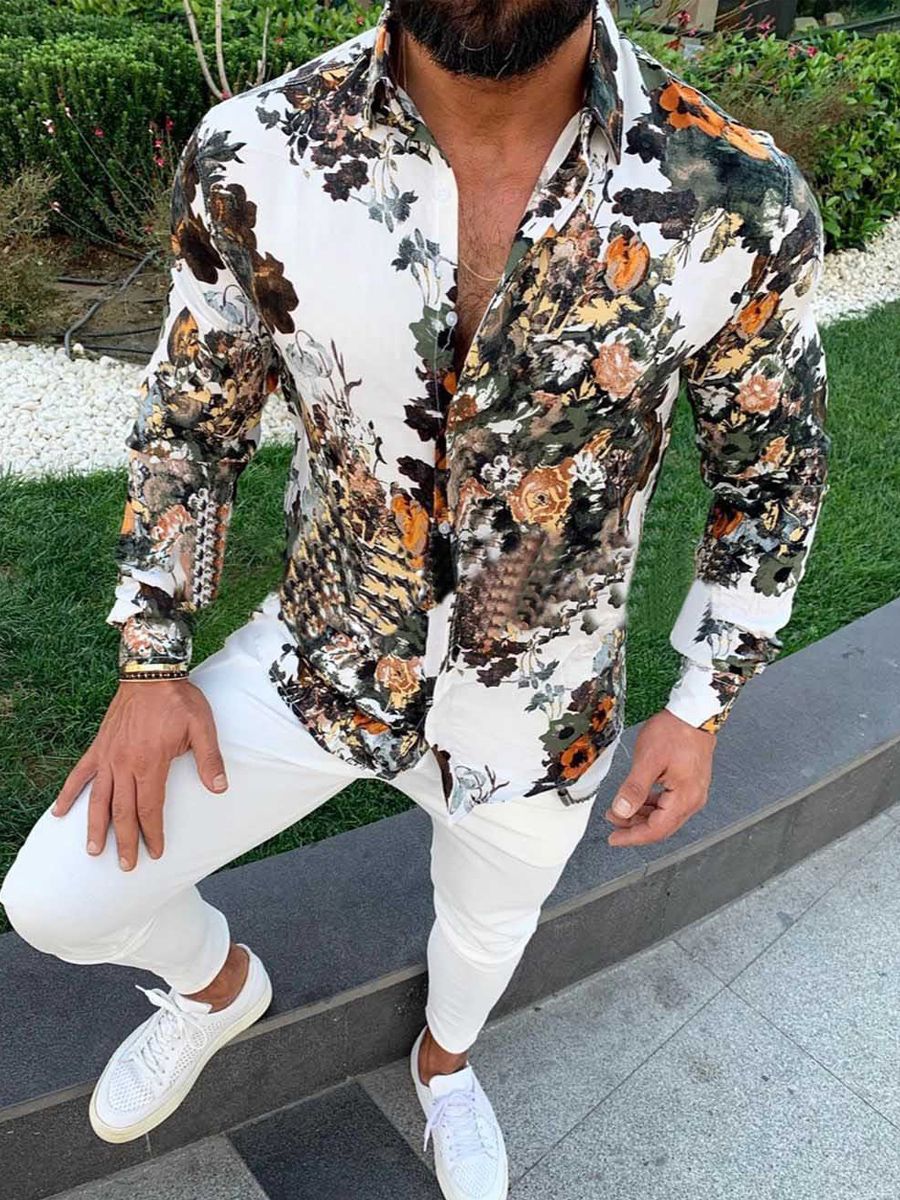 

lovely Street Turndown Collar Print White Men Shirt