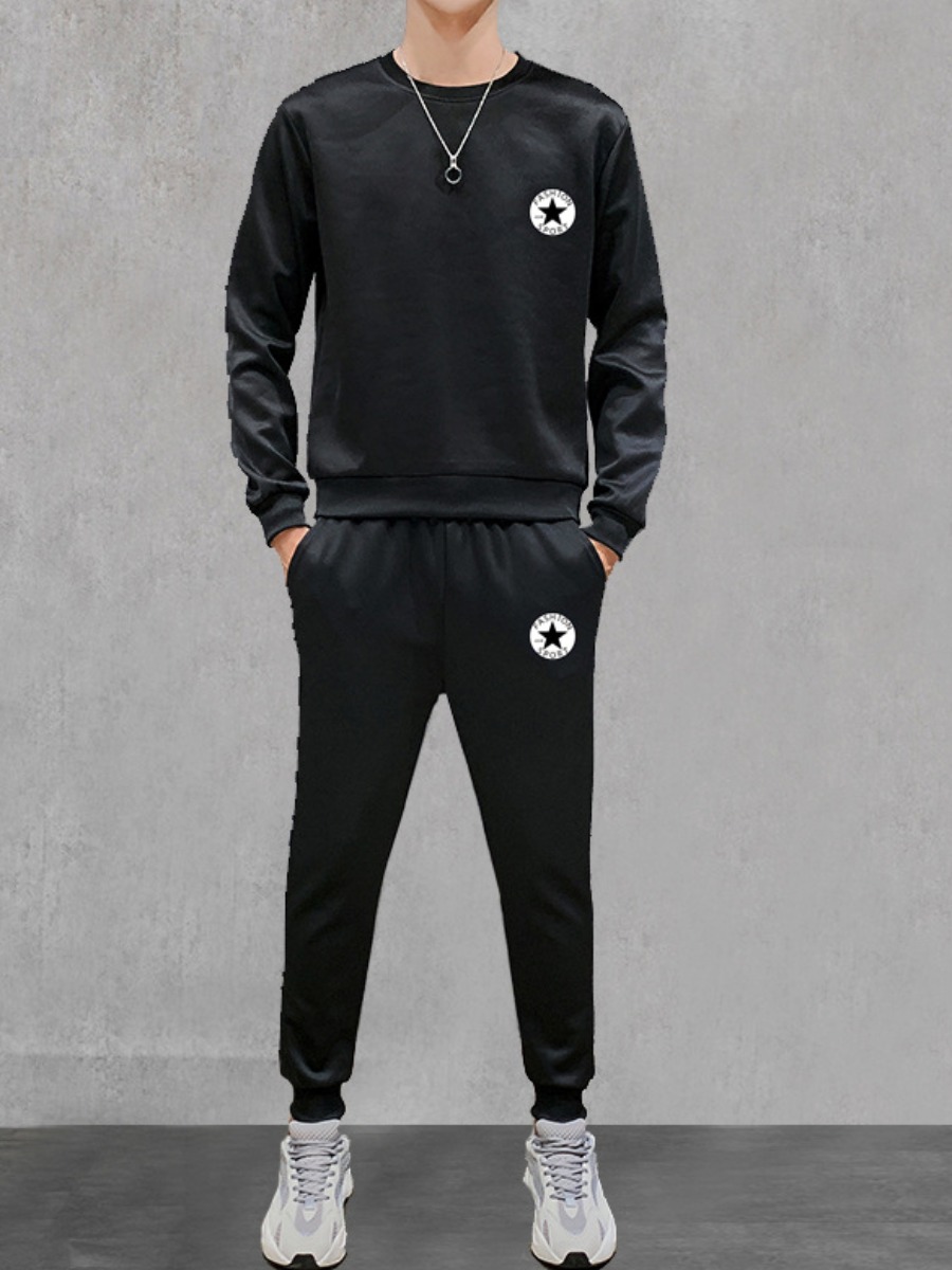 

lovely Sportswear O Neck Print Black Men Two-piece Pants Set