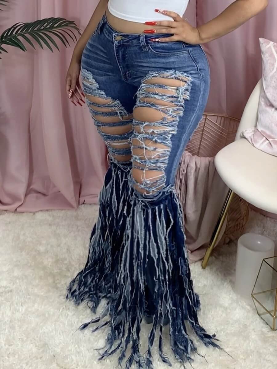 

Lovely Trendy Broken Holes Tassel Design Blue Plus Size Jeans