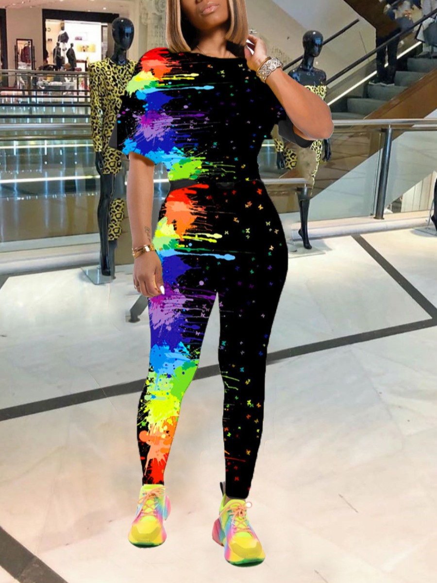 

lovely Casual O Neck Graffiti Print Black Two Piece Pants Set
