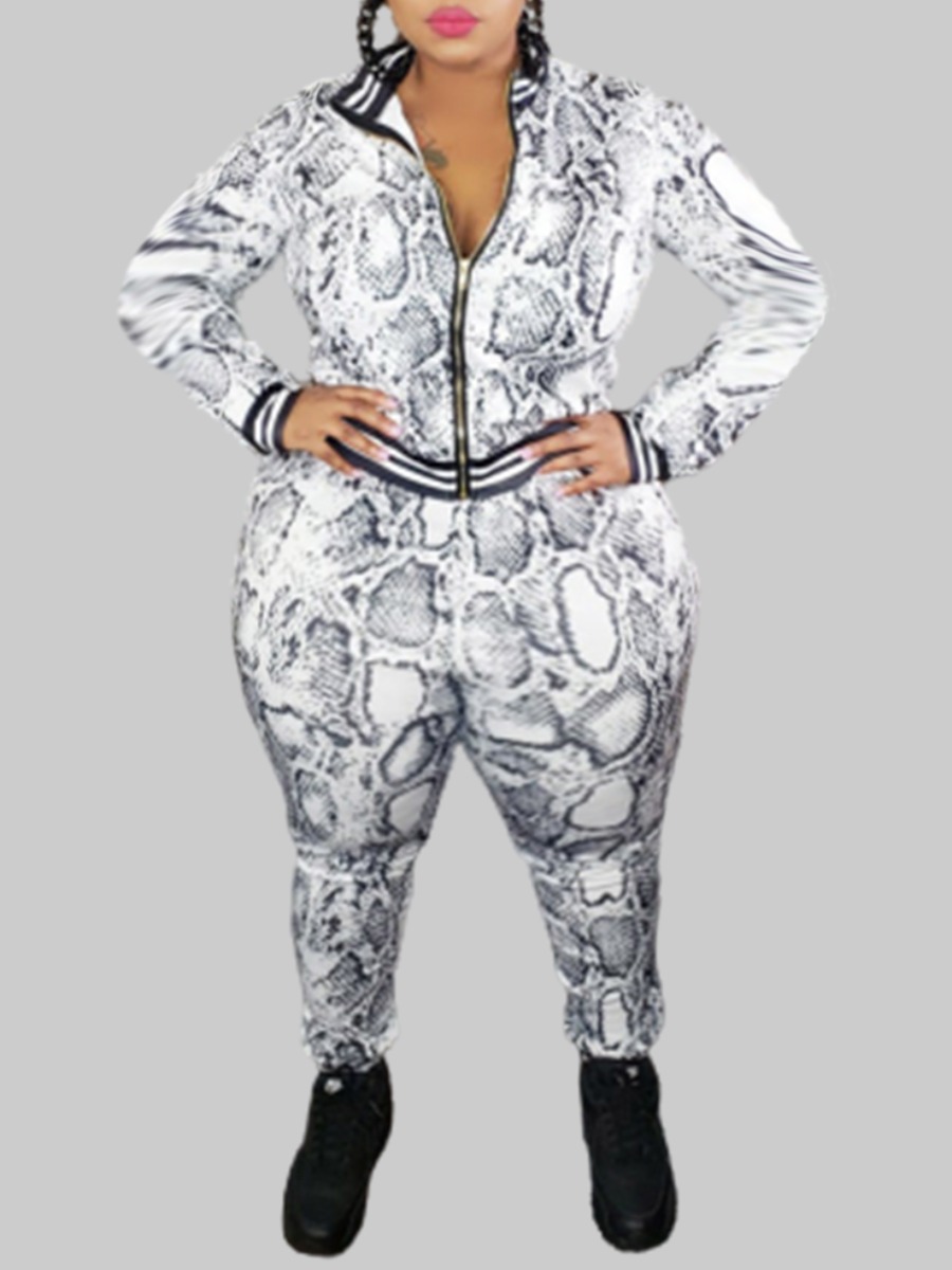 

lovely Casual Print Zipper Design White Plus Size Two-piece Pants Set
