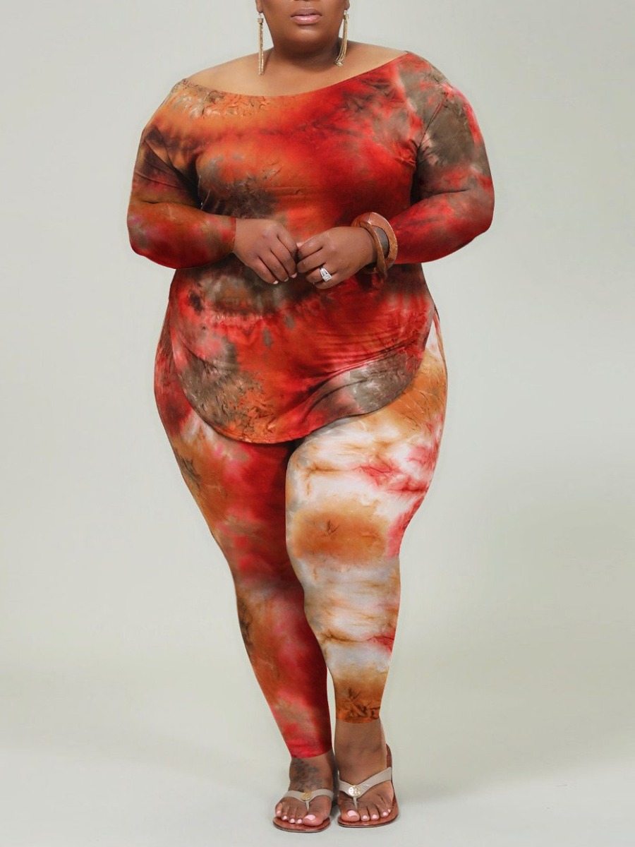 

lovely Casual O Neck Tie-dye Jacinth Plus Size Two-piece Pants Set