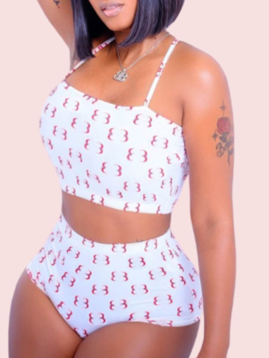

Lovely Sexy Spaghetti Strap Print White Loungewear