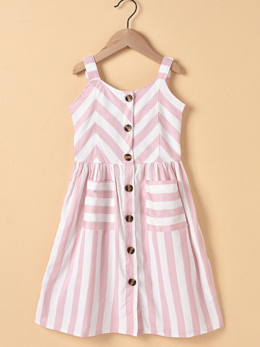 

lovely Casual Spaghetti Strap Striped Pink Girl Knee Length Dress