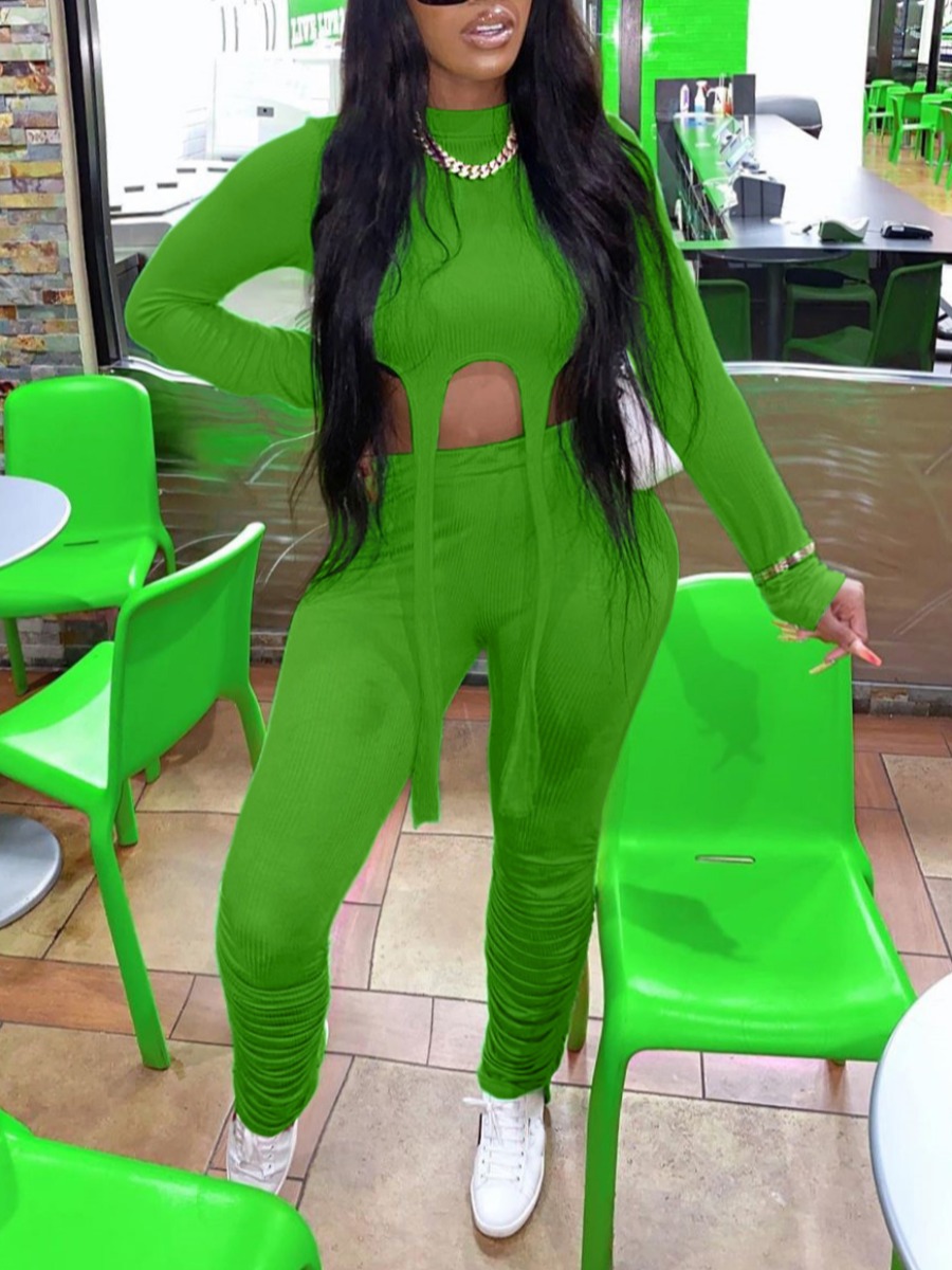 

Lovely Casual Fold Design Green Two Piece Pants Set