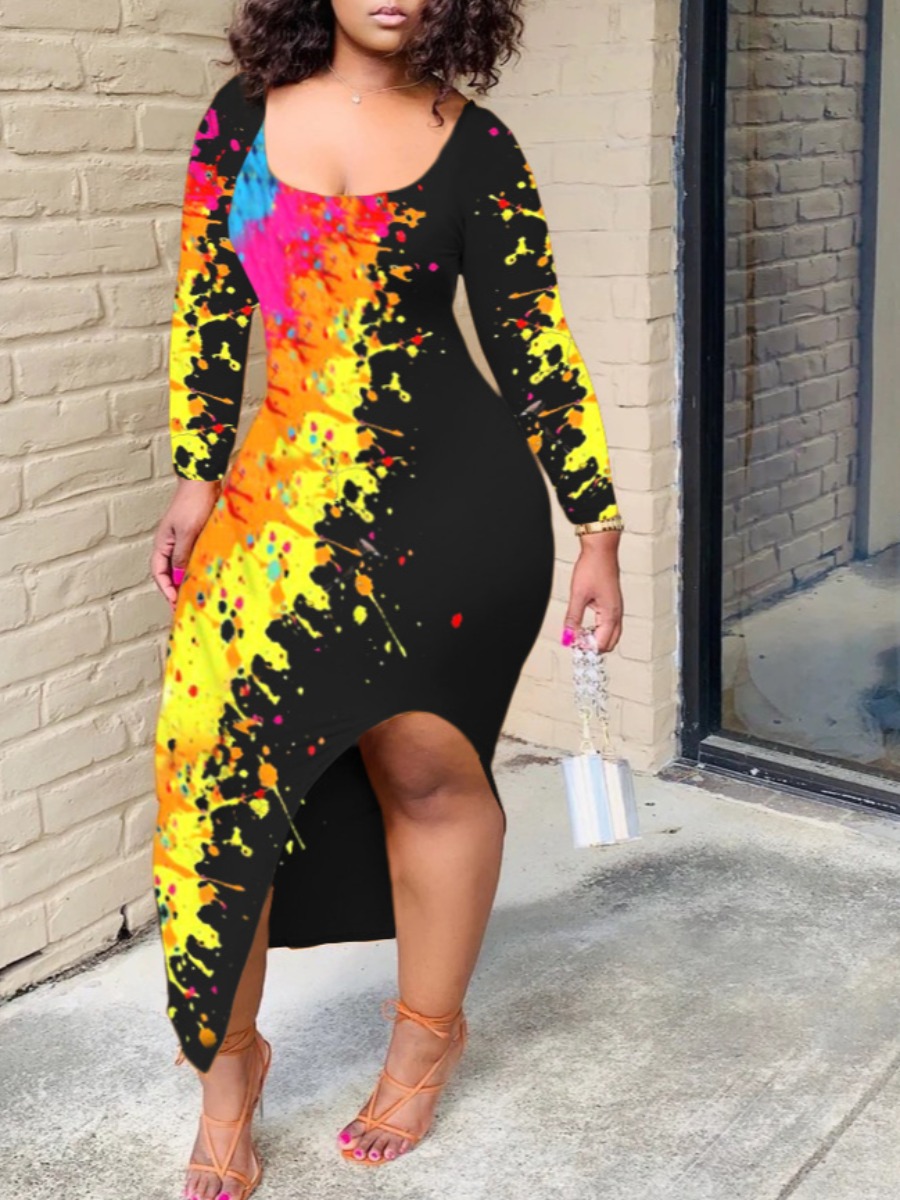 

lovely Trendy U Neck Tie-dye Skinny Yellow Ankle Length Dress