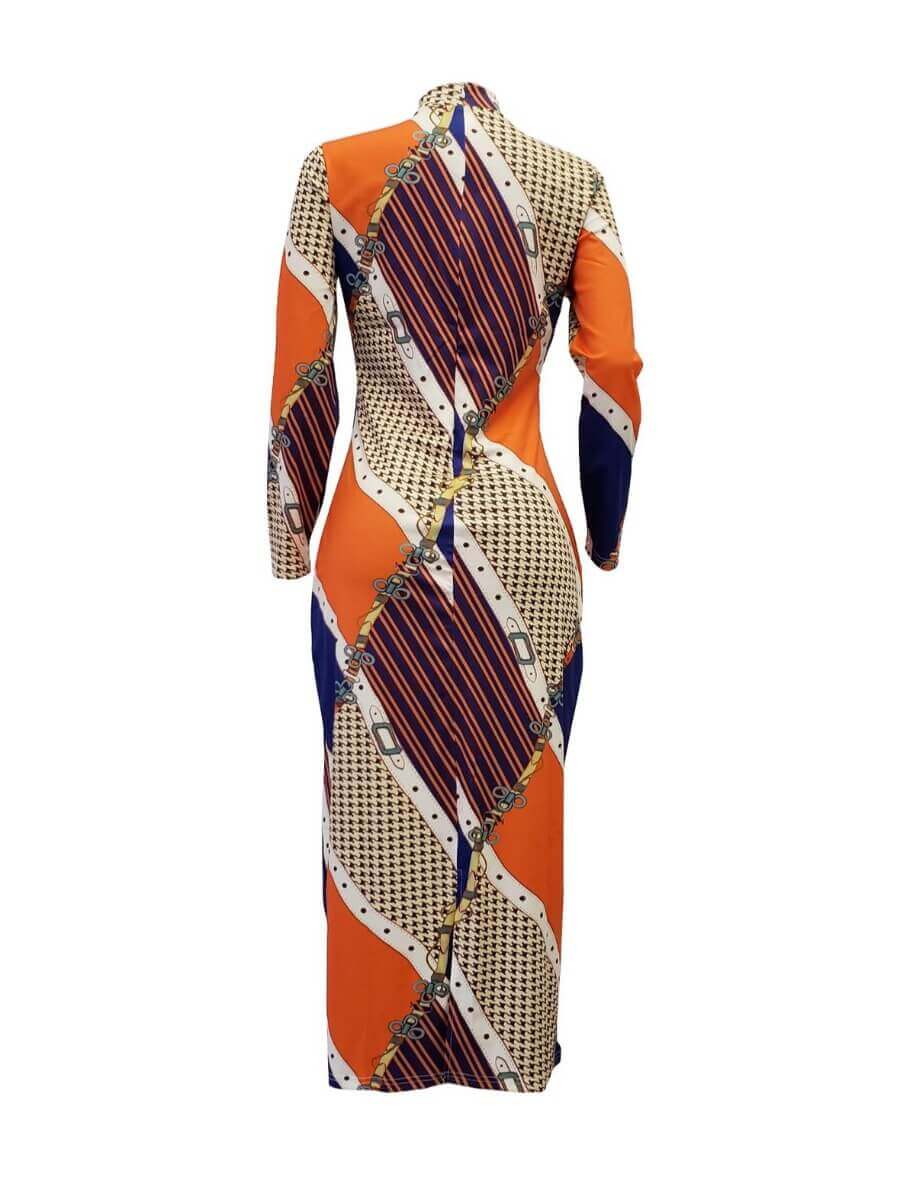 LW Casual O Neck Print Color-lump Patchwork Multicolor Mid Calf Dress